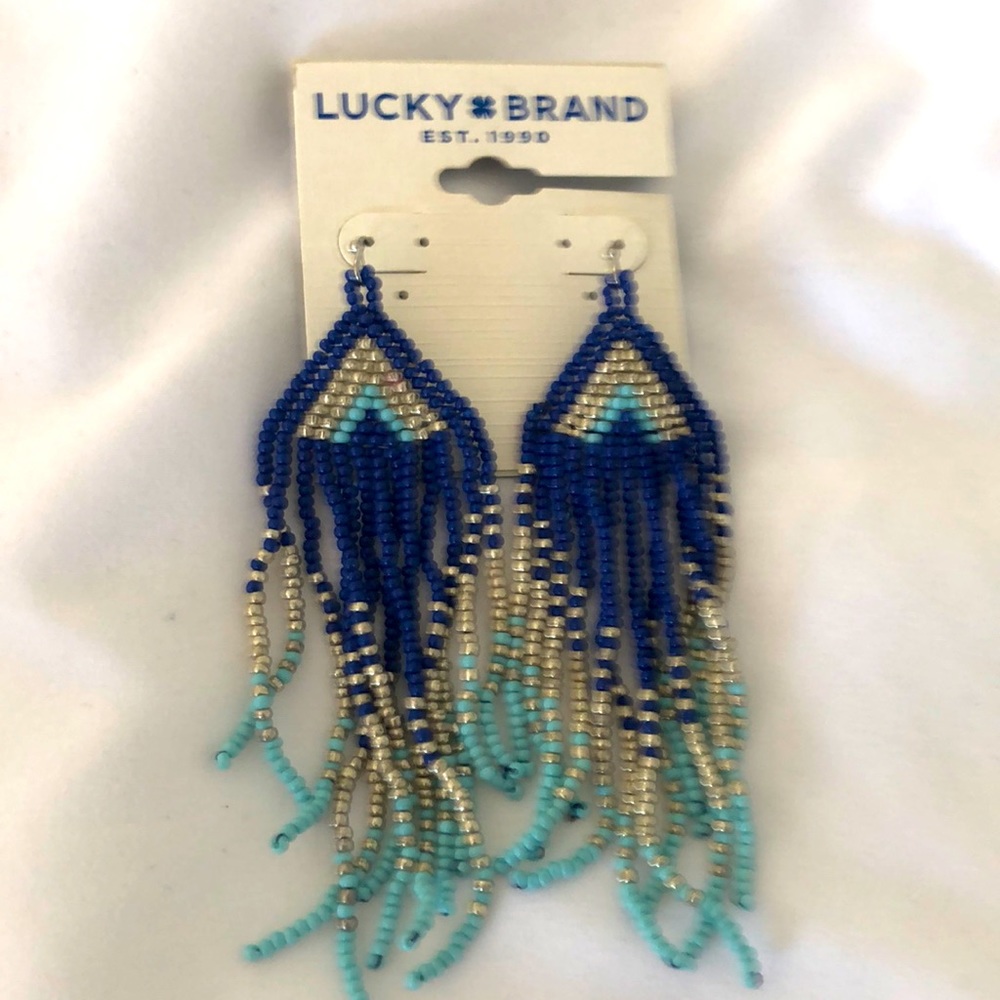 Lucky Brand Blue, Turquoise & Gold Beaded Fringe Earrings - Picture 3 of 5